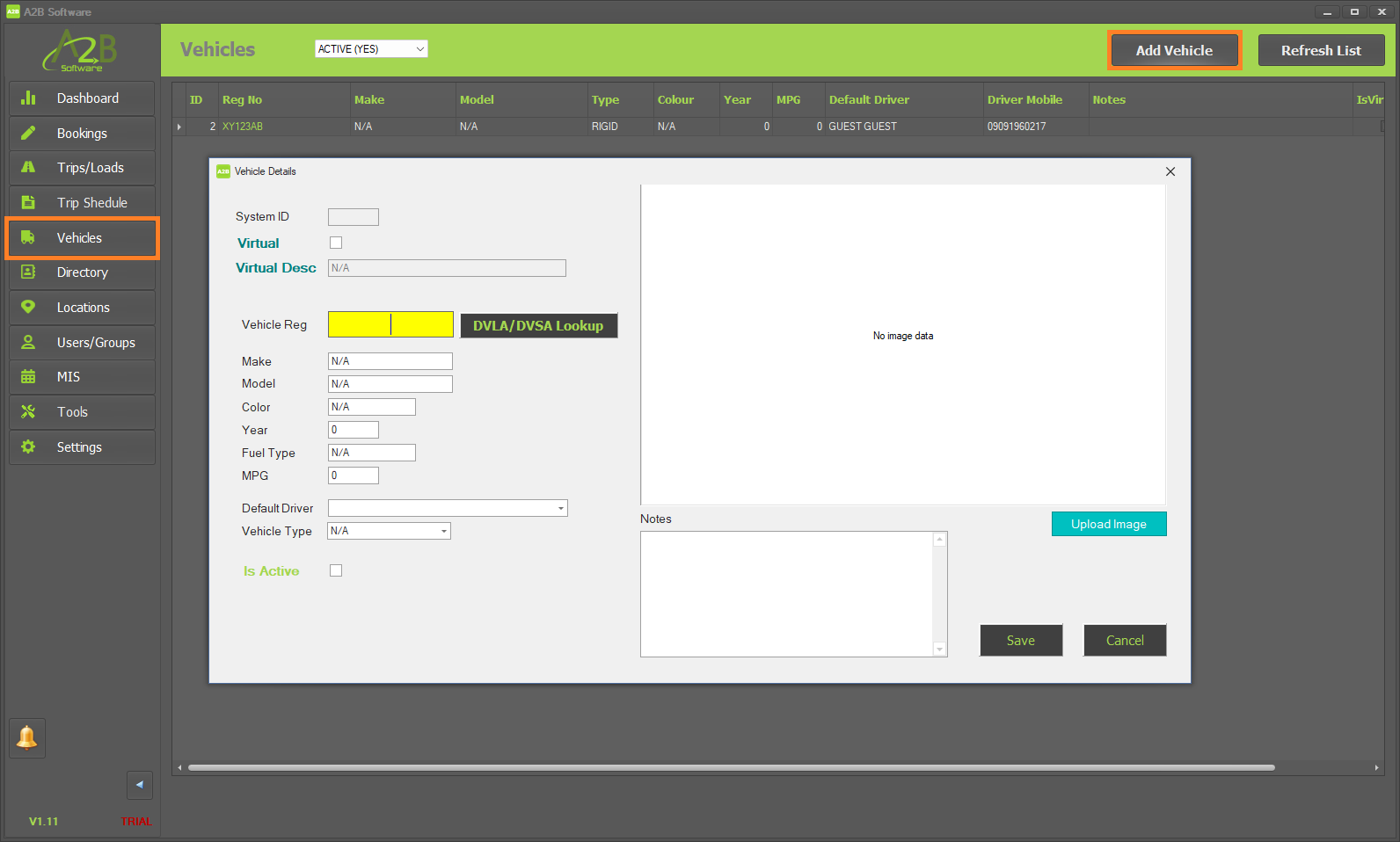 A2B TMS - Add Vehicle
