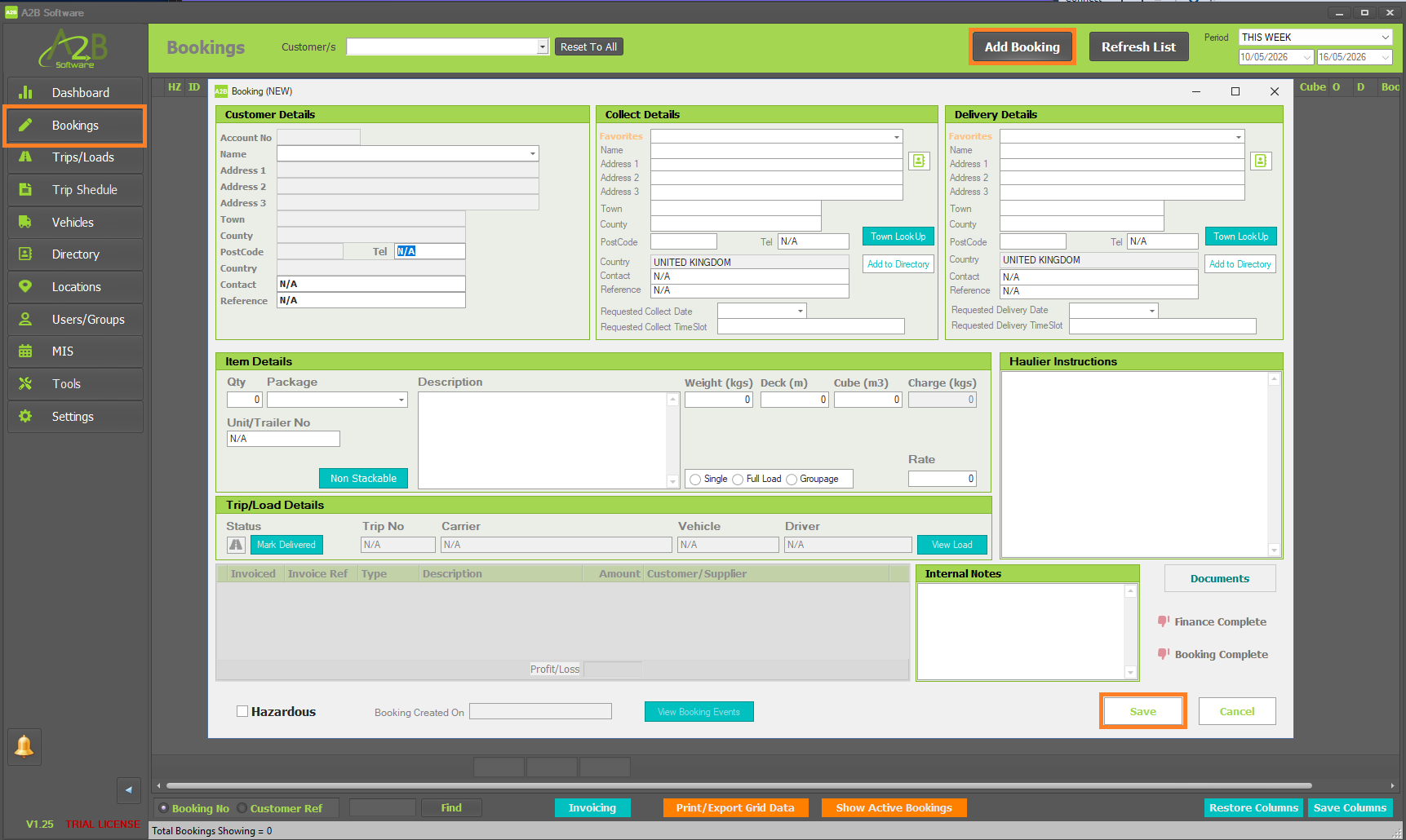 A2B TMS - Add New Booking - Simple layout