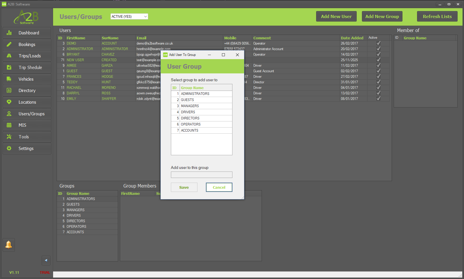 A2B TMS - Select User Group